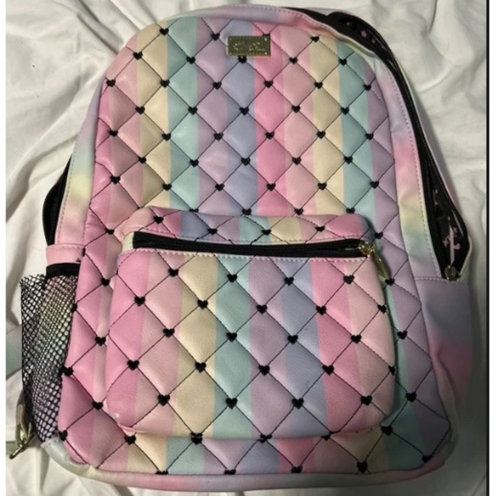 Betsey Johnson Backpack Womens Large Pastel Rainbow Heart Quilted Ombre